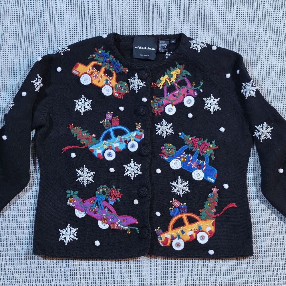 Vintage 90s MICHAEL SIMON 'This Is How We Rol' Christmas Cardigan Ugly Sweater M